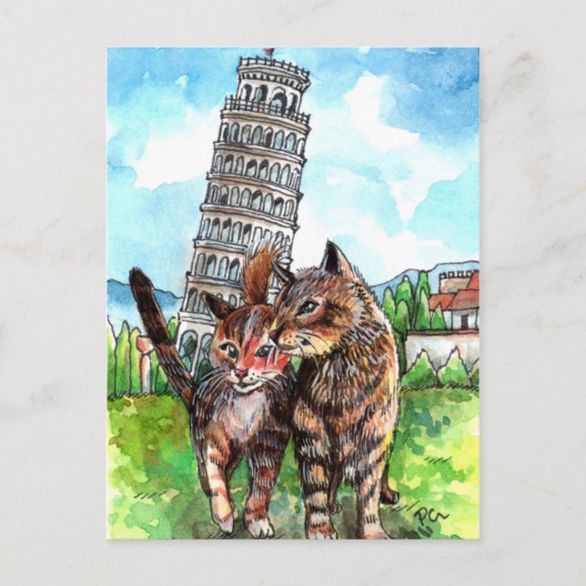 Cartão Postal Gatos na Torre de Pisa (Frente)