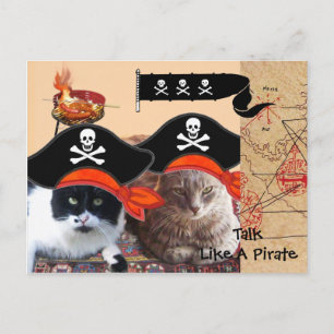 CARTÃO POSTAL GATOS PIRATAS MAPAS DO TESOURO E BANDEIRA DE PIRAT