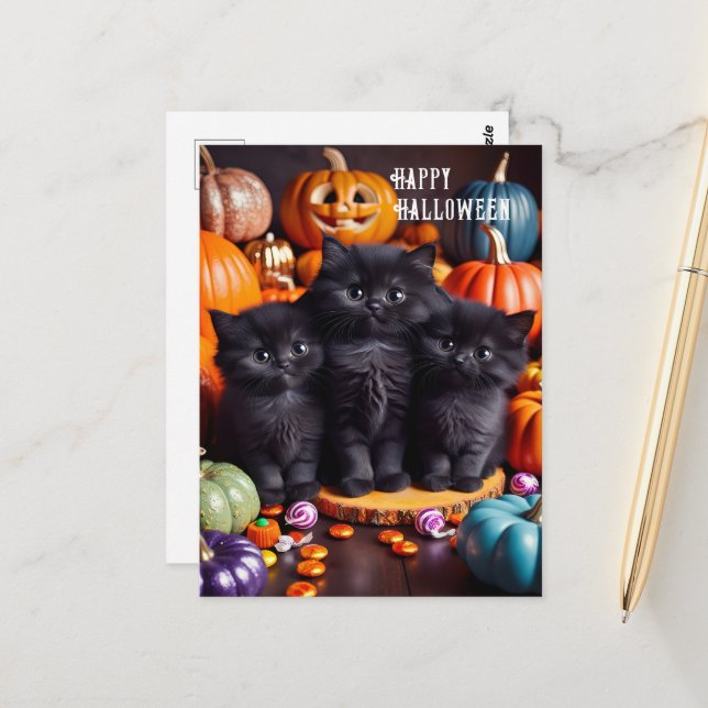 Cartão Postal Gatos Pretos de Halloween com Abóboras e Doces (Frente/Verso In Situ)