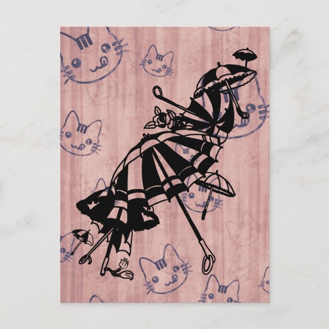 Cartão Postal Gatos Rostos Parasóis Guarda-chuvas Desenho de tin (Frente)