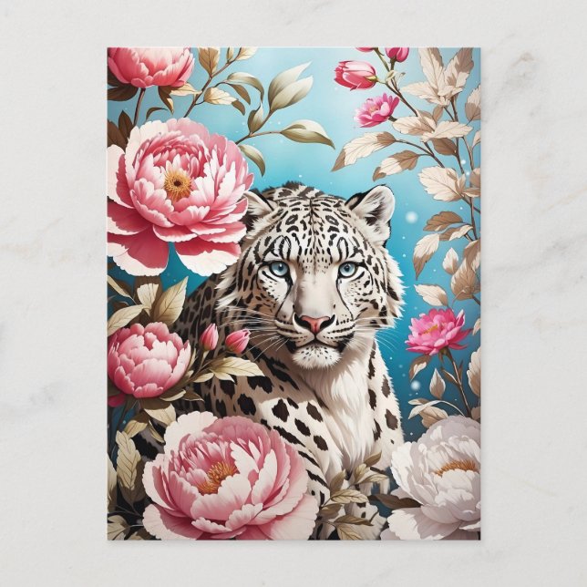 Cartão Postal Gaze-Leopardo-Da-Neve Em Greve E Pêonias Rosa (Frente)