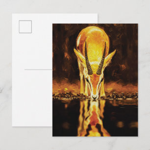 Cartão Postal Gazela Dourada Bebendo Água – Pintura a Óleo Textu
