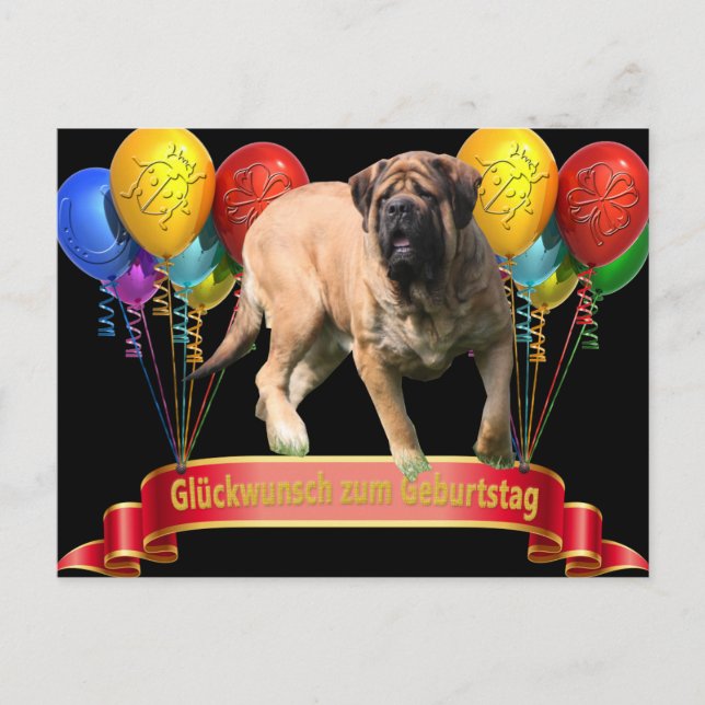 Cartão Postal Geburtstagskarte English Mastiff Luftballons  (Frente)