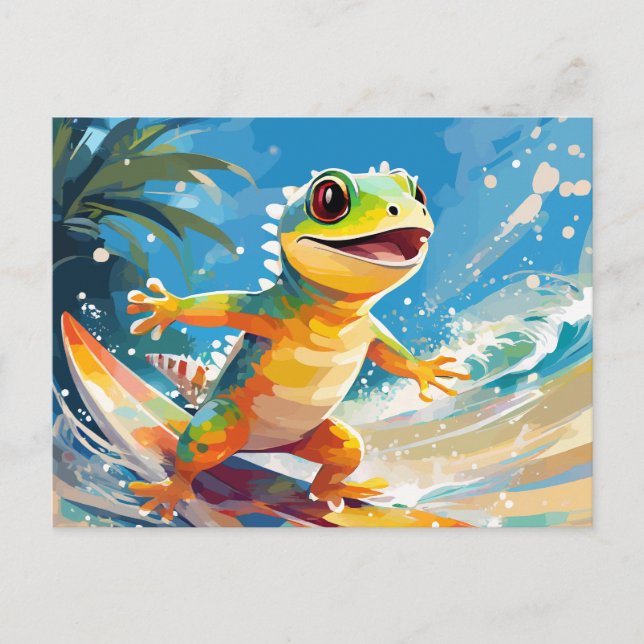 Cartão Postal Gecko Surfando Andando As Ondas (Frente)