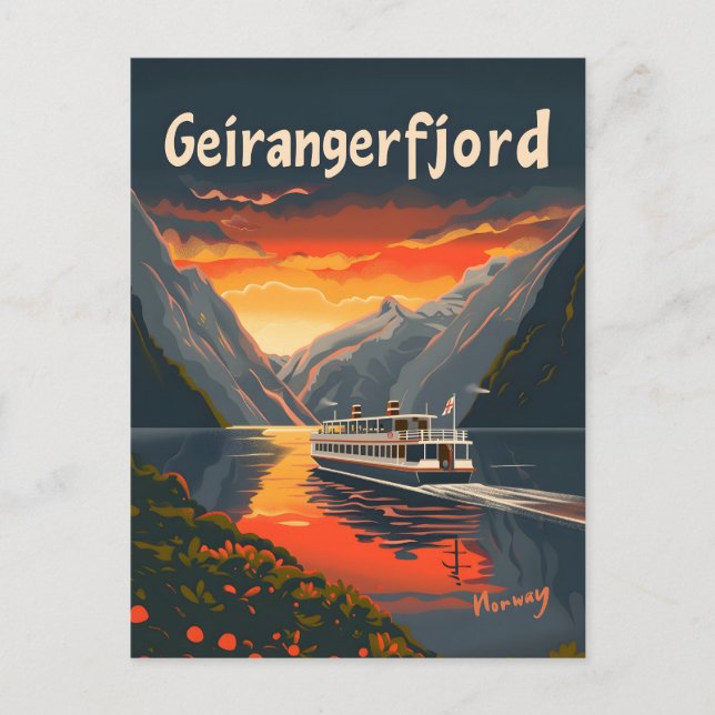 Cartão Postal Geirangerfjord Noruega Vintage art (Frente)