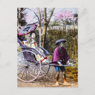 Cartão Postal Geisha Antiga Viajando em Rickshaw no Velho Japão