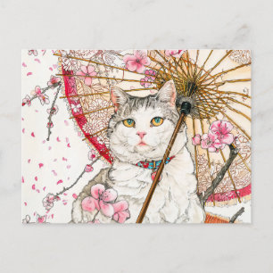 Cartão Postal Geisha Cat com Parasol e Cereja Blossomas