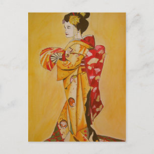 Cartão Postal Geisha gold kimono original de aquarela