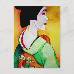 Cartão Postal Geisha japonesa com arte original verde kimono