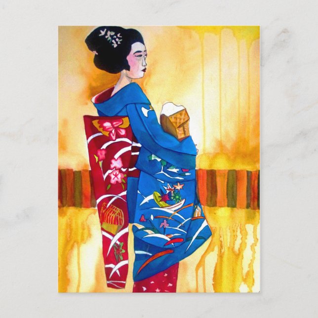 Cartão Postal Geisha japonesa com quimono azul (Frente)