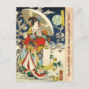 Cartão Postal Geisha ukiyo-e clássica vintage com guarda-chuva