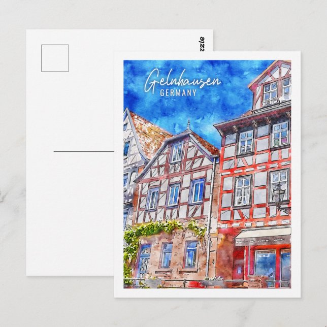 Cartão Postal Gelnhausen Alemanha Viagem Place Watercolor (Frente/Verso)