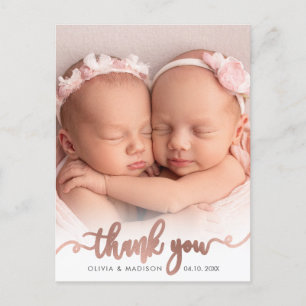 Cartão Postal Gêmeas Bebês Meninas Foto Obrigado Rose Gold Scrip