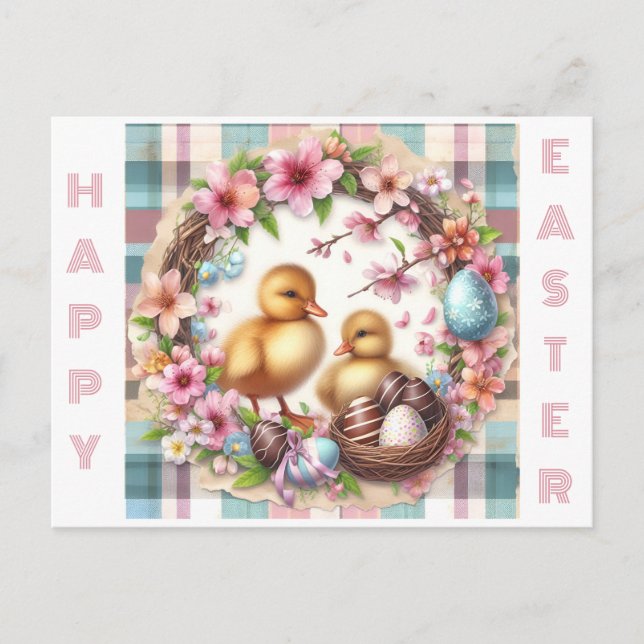 Cartão Postal Gêmeos Primeira Páscoa Aquarela Dois Patos (Frente)