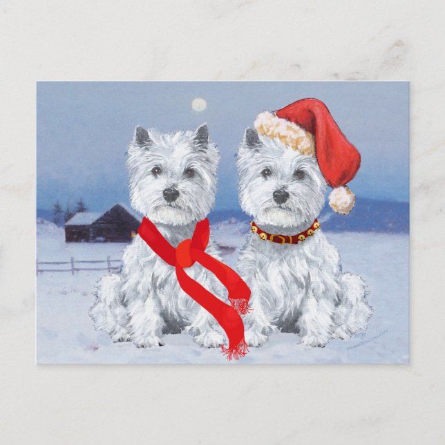 Cartão Postal Gêmeos Westies numa Noite Invernal (Frente)