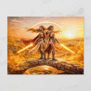 Cartão Postal Gêmeos Zodíaco com Mulheres Guerreiras Gêmeas e Br