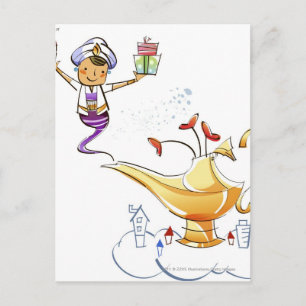 Cartão Postal Genie trazendo uma casa e presentes de uma lâmpad