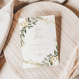 Cartão Postal Geométrico Dourado Folhagem Outono Salve a Data