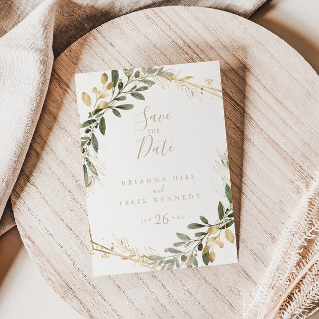 Cartão Postal Geométrico Dourado Folhagem Outono Salve a Data (Criador carregado)