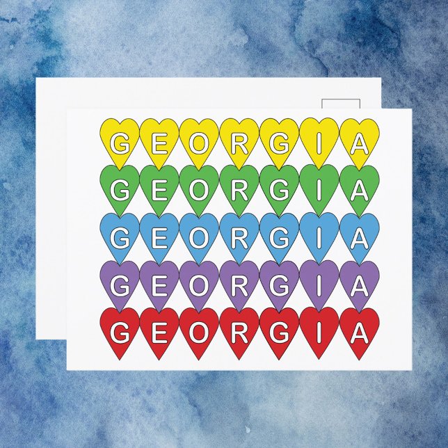 Cartão Postal Georgia US State Hearts Rainbow (A postcard that says Georgia in colorful hearts.)