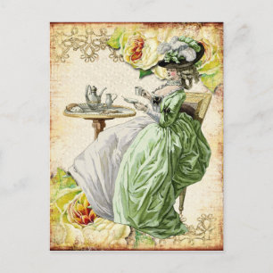 Cartão Postal Georgiana Lady Bebendo Tea - Verde