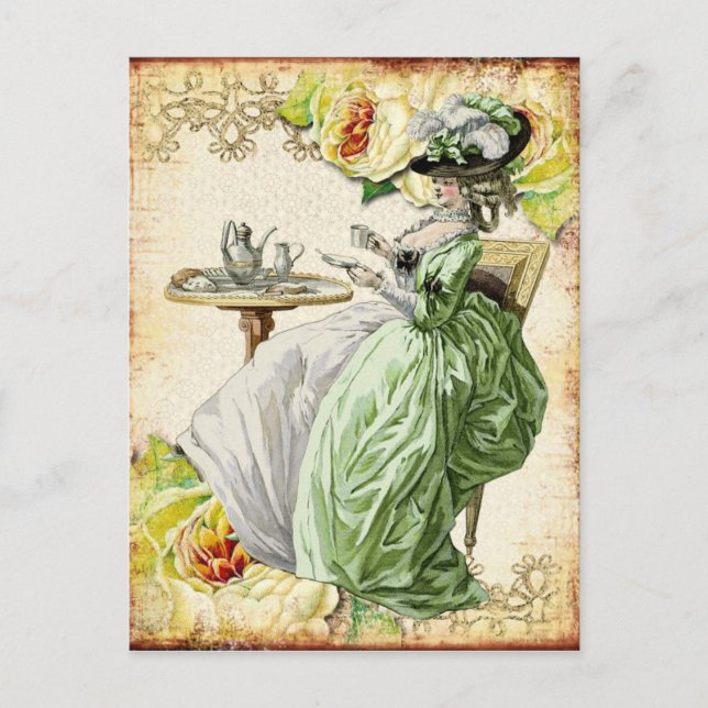 Cartão Postal Georgiana Lady Bebendo Tea - Verde (Frente)
