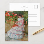 Cartão Postal Geranios | Childe Hassam<br><div class="desc">Gerânios (c. 1888-1889) | Arte original do pintor impressionista americano Childe Hassam (1859-1935). A peça retrata uma mulher vestindo um vestido rosa e branco,  sentado em um jardim,  cercado por vibrantes flores rosa e vermelhas. Use as ferramentas de design para adicionar texto personalizado ou personalizar a imagem.</div>