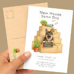 Cartão Postal German Shepherd New House Moving<br><div class="desc">Share your exciting news with this adorable German Shepherd moving announcement card featuring a sweet shepherd puppy sitting among stacked moving boxes holding a “We’ve Moved” sign. The warm watercolor illustration and cozy packing details create a charming way to tell friends and family about your new home. Perfect for German...</div>