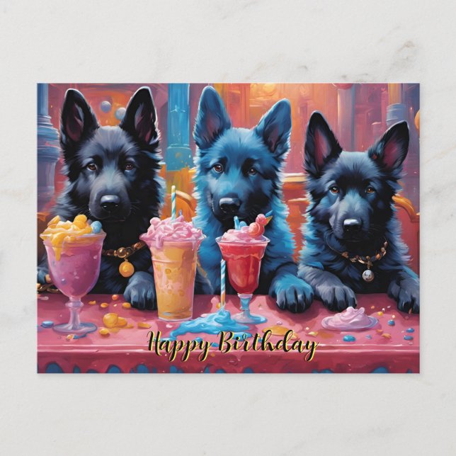 Cartão Postal German shepherd Puppies N Milshakes Aniversário (Frente)