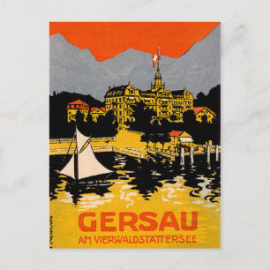 Cartão Postal Gersau, Lago Lucerne, barco à vela, Suiça