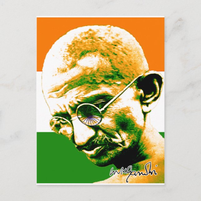 Cartão Postal Ghandi em verde-alaranjado e branco com bandeira (Frente)