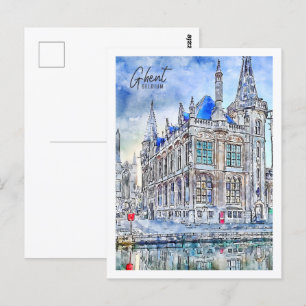 Cartão Postal Ghent Belgium Viagem Place Watercolor