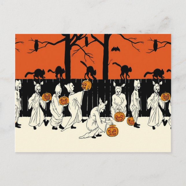 Cartão Postal Ghost Costume Jack O Lanterna Black Cat Bat (Frente)