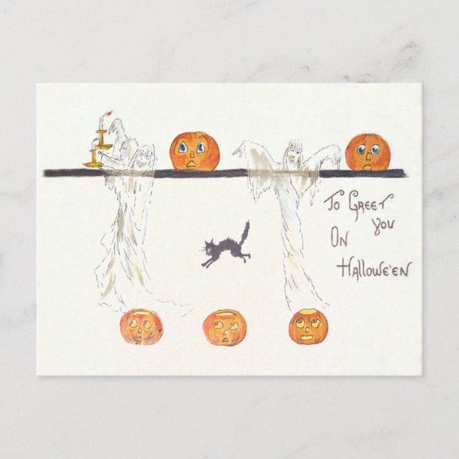 Cartão Postal Ghost Jack O Lanterna Pumpkin Black Cat (Frente)