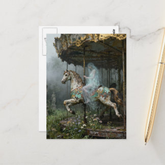 Cartão Postal Ghost Lady on Abandoned Carousel Horse in Garden