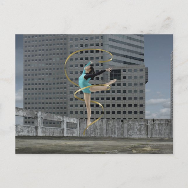 Cartão Postal ginasta de mulheres ao ar livre no telhado pulando (Frente)