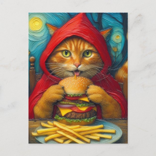 Cartão Postal Ginger Cat com Cheeseburger e Fries (Frente)