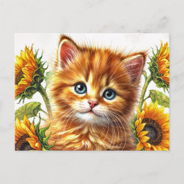 Cartão Postal Ginger Cat com Girassol Watercolor