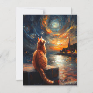 Cartão Postal Ginger Cat Contemplativo   Starry Night Sky