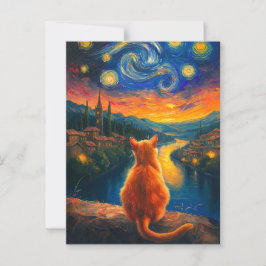 Cartão Postal Ginger Cat Contemplativo | Starry Night Sky Art