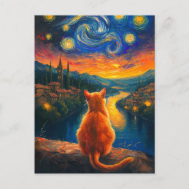 Cartão Postal Ginger Cat Contemplativo | Starry Night Sky Art