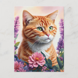 Cartão Postal Ginger Cat Floral Multicolor Art