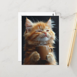 Cartão Postal Ginger Kitten Adorável com Café