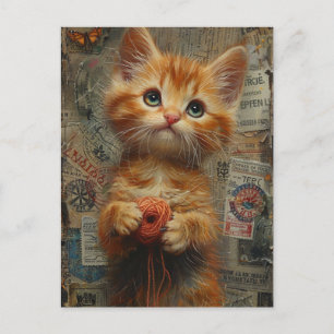Cartão Postal Ginger Kitten Adorável com Colagem de Fios