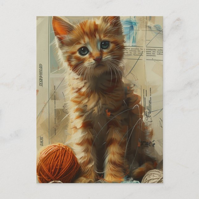 Cartão Postal Ginger Kitten em Yarn Collage Cartão-postal (Frente)