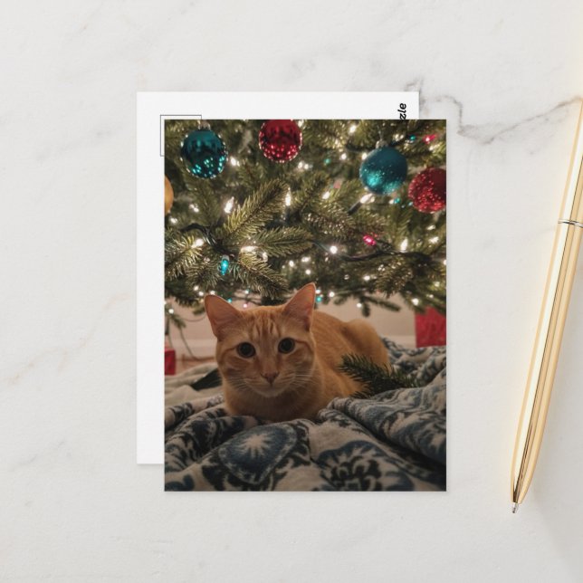 Cartão Postal Ginger Kitty Under the Christmas Tree (Frente/Verso In Situ)