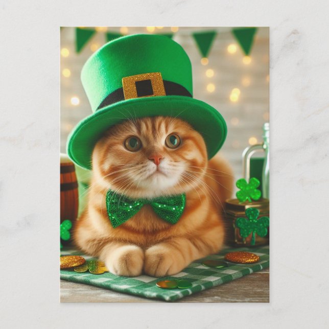 Cartão Postal Ginger Saint Patricks Day Cat (Frente)