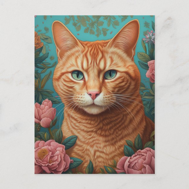 Cartão Postal Ginger Tabby Cat e Peonies (Frente)