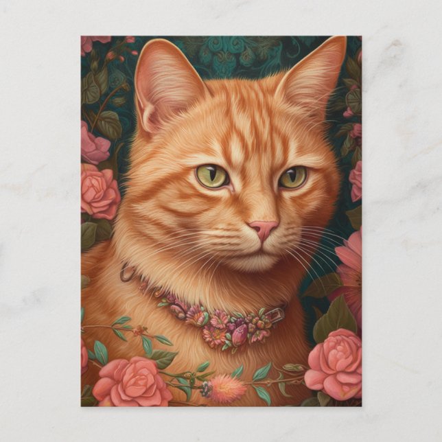 Cartão Postal Ginger Tabby Cat e Rosas (Frente)