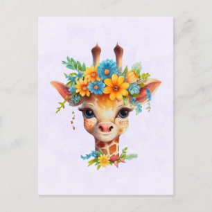 Cartão Postal Girafa Bonita com Coroa Floral